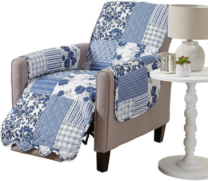 Great Bay Home Patchwork Scalloped Printed Furniture Protector Stain Resistant Recliner Cover (Recliner, Navy)