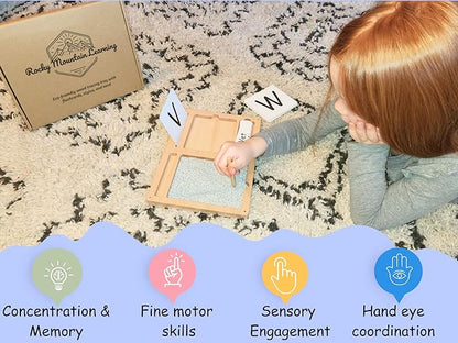 Montessori Sand Tray for Kids 3 4 5 6 Years Old Sand Writing Tray Learning Sensory Toy Educational Alphabet and Phonic Words Comes with Sand, Tray, Lid, 2 Sets of Flashcards, Stylus (Charcoal)
