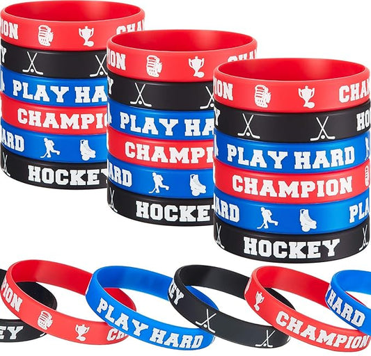 BBTO 24 Pieces Hockey Rubber Bracelets Silicone Hockey Wristband Stretch Rubber Bracelets for Sport Themed Party Supplies