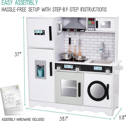 Lil’ Jumbl Kids Kitchen Set, Pretend Wooden Play Kitchen, Battery Operated Icemaker, Microwave, Range Hood, Stove Top, Oven, with Realistic Sound & Lights, Pots, Pan, & Utensils Included