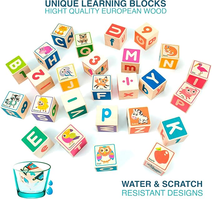 QUOKKA Wooden Puzzles Blocks for Toddlers 1-3 Large - 26 Alphabet & Numbers Baby Blocks for Kids Ages 2-4 Gift Wood Stacking & Building Toys for Learning ABC Letters for Boys and Girls 2-4