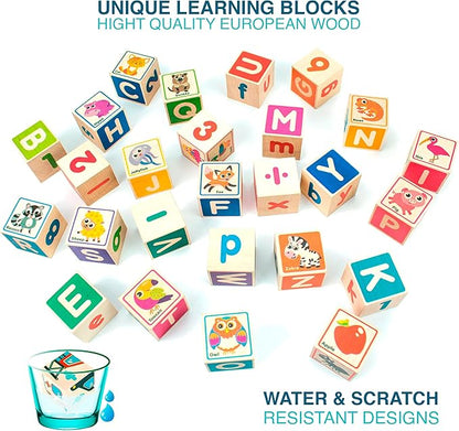 QUOKKA Wooden Puzzles Blocks for Toddlers 1-3 Large - 26 Alphabet & Numbers Baby Blocks for Kids Ages 2-4 Gift Wood Stacking & Building Toys for Learning ABC Letters for Boys and Girls 2-4