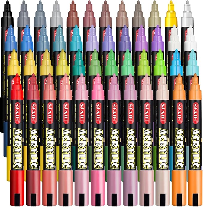 SFAIH Acrylic Creative Markers Set of 48 with Organizer, 3mm Medium Tips, Waterproof, Fast Drying, Holiday Gift Idea - Art Supplies, Fabric Paint, Rock Painting, Art Markers
