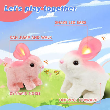 Hopearl Hopping Rabbit with LED Ears Interactive Electronic Pet Plush Bunny Toy with Sounds and Movements Animated Walking Wiggle Light up Ears Twitch Nose Gifts for Toddlers Birthday, Pink, 7''