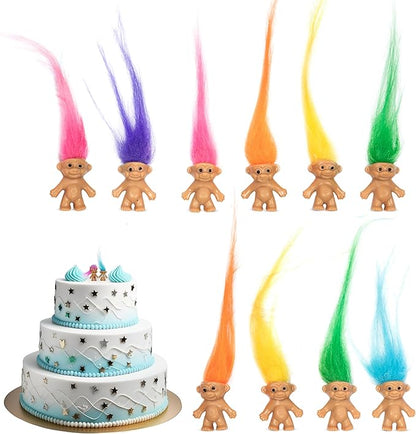 10 PCS Long-haired Lucky Mini Troll Dolls, Assorted Hair Colors, 0.78" Bodies, 2" Hair. Cake Toppers, Action Figures, School Project, Arts and Crafts, Party Favors