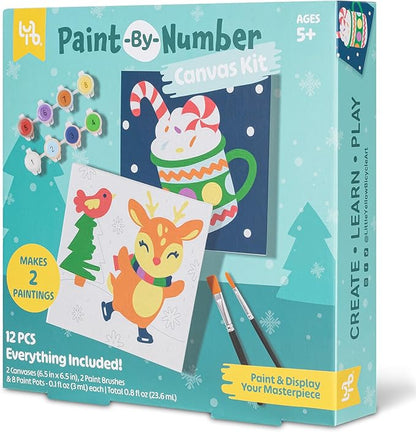 Reindeer Paint-by-Number Kit - Complete Art Set W/ 2 Canvases, 2 Brushes & 8 Paint Pots, Holiday-Themed, Kid & Adult Craft Kit
