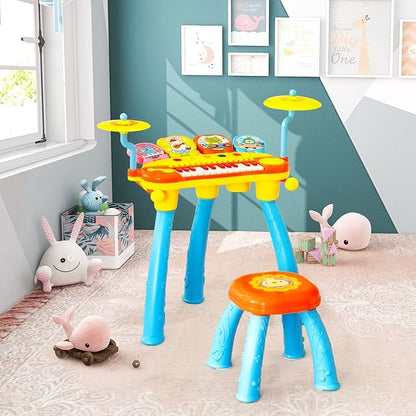 Costzon 24-Key Kids Piano Keyboard Toy, Toddler Electronic Musical Instrument Educational Toy w/Microphone, Multiple Sounds, Record Playback, Lights & Stool, Birthday Gift for Girls Boys Age 3+, Blue