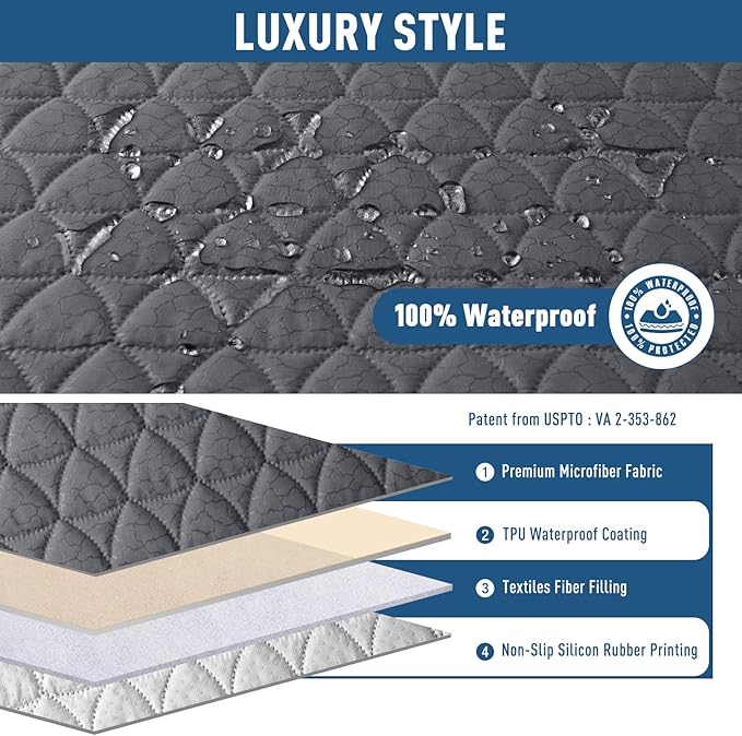 TAOCOCO 100% Waterproof Recliner Cover -Loveseat Recliner Cover with Center Console,Non-Slip Reclining Couch Covers for 2 Seat,with Elastic Straps Pocket for Kids, Dogs (Dark Gray, 2 Seater XL)