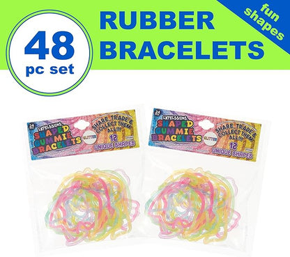 Expressions 48pc Shaped Gummie Bracelets - Bulk Pack Colorful Pastel Glitter Rubberband Bracelets, Kids Party Favors & Bracelet Kit