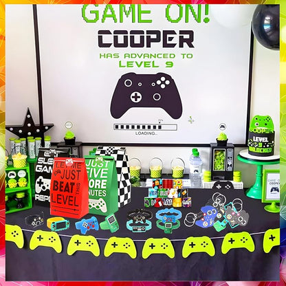 110 Pcs Video Game Party Favors, Gamer party Favors - 12 sets of Gaming Birthday Goodie Bags Included Gift Bags, Game Keychain, Slap Bracelet, Stickers, Ring, Hand Strap for Gaming Kids