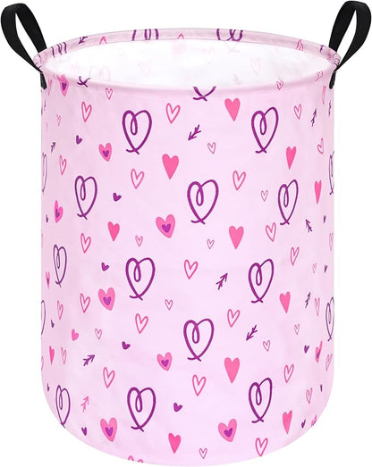 19.7" Round Pink Valentine's Day Laundry Clothes Hamper Laundry Basket with Handles,Storage Organizer Bins Laundry Gift Basket for Room, Bedroom Decor