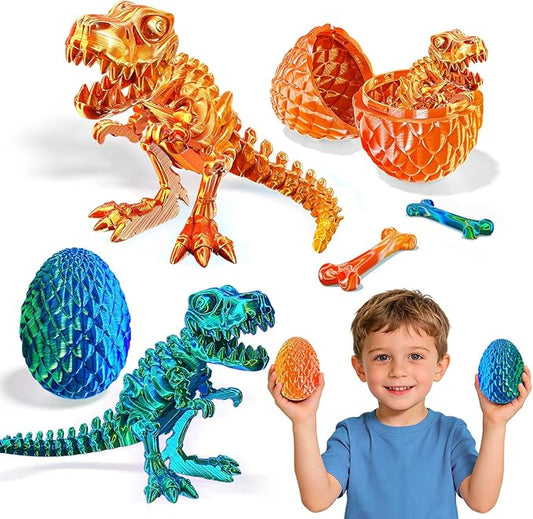 2 Packs 3D Printed Dinosaur Toys for 3-5 Years Boys, Skeleton T-Rex Figure with Large Storage Crystal Eggs, Great Easter and Birthday Gifts Fidget Toys for 3 4 5 6 7 8 9 10 11 12 Years Old Boys Girls