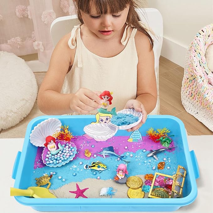 G.C Mermaid Sensory Bin for Girl Kid Toy, 103pcs Play Sand Art Kit with Sandbox/2lb Color Sand/6 Molds/Treasure Box/Shell, Ocean Sensory Toy Christmas Birthday Gift for Girl Toddler Ages 3 4 5 6 7 8