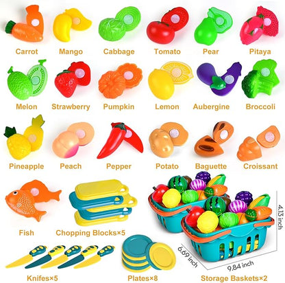 100 Pcs Play Food Set for Kids Kitchen, Pretend Food Toy for Toddlers Age 1-3, Plastics Cutting Fake Food/ Fruit/ Vegetable Accessories with 2 Baskets, Birthday Gifts for 2 3 4 5 Years Old Boys Girls