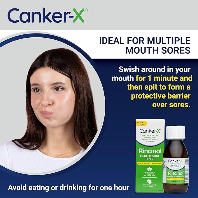 Canker-X Rincinol Oral Rinse Mouthwash, Quick Pain Relief from Canker Sores, Mouth Burns & More, Benzocaine Free & Alcohol Free Mouthwash, Adults & Kids 6+ Years, 4.0 Fl. Oz.