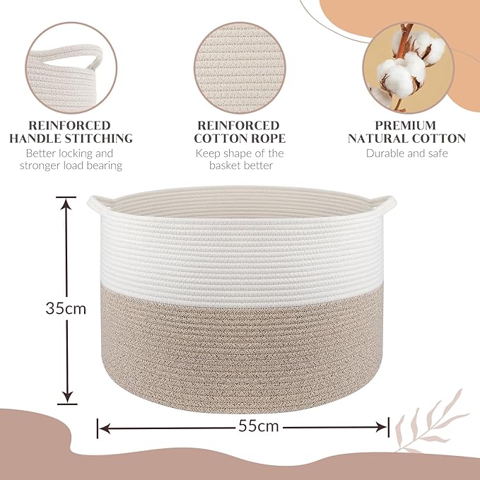 Throw Blanket Basket for Living Room, Extra Large Cotton Rope Basket for Storage, Woven Laundry Towel Hamper with Handles, Baby Toy Storage, 22" x 22" x 14" Pillow Bin