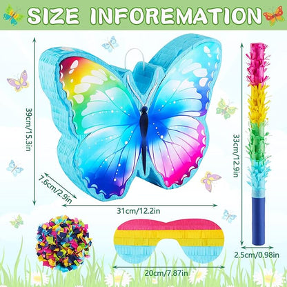 Butterfly Pinata with Pinata Stick, Eye Mask and 1 Pack Confetti, Rainbow Butterfly Party Supplies Butterfly Shaped Animal Pinata for Butterfly Birthday Decorations, 14.96 x 7.08 Inches (Glitter)