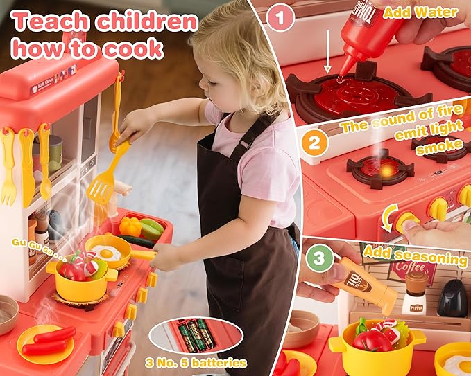 Kids Kitchen Play Set，Interactive Kids Kitchen Play Set with 50Pcs of Pretend Kitchen Toys，Realistic Sound Effects，and Simulated Functionality - Suitable for Toddlers Aged 3-5 Years(Pink)
