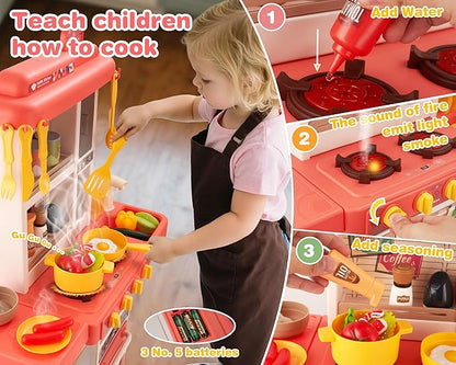 Kids Kitchen Play Set，Interactive Kids Kitchen Play Set with 50Pcs of Pretend Kitchen Toys，Realistic Sound Effects，and Simulated Functionality - Suitable for Toddlers Aged 3-5 Years(Pink)