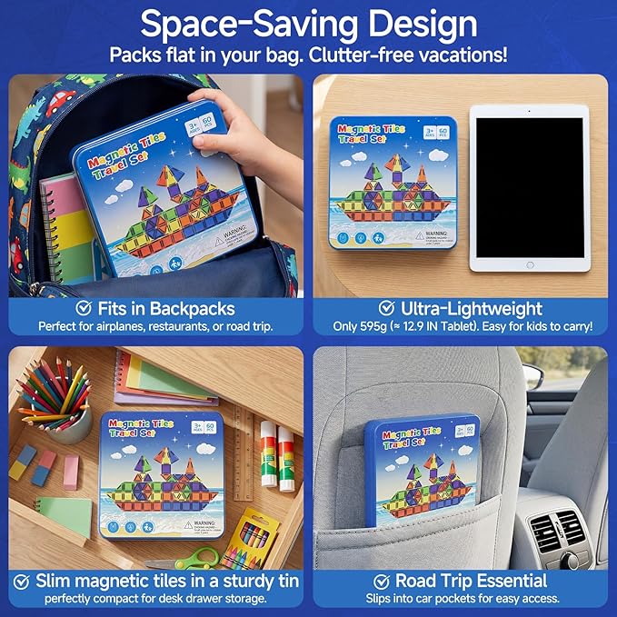 WMXDU 60 PCS Magnetic Tiles Travel Set for Kids, Portable Magnetic Building Blocks with Tin Box, Car Rides Airplane Road Trip Activities, Birthday Gift for Boys
