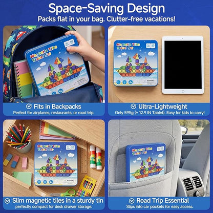 WMXDU 60 PCS Magnetic Tiles Travel Set for Kids, Portable Magnetic Building Blocks with Tin Box, Car Rides Airplane Road Trip Activities, Birthday Gift for Boys