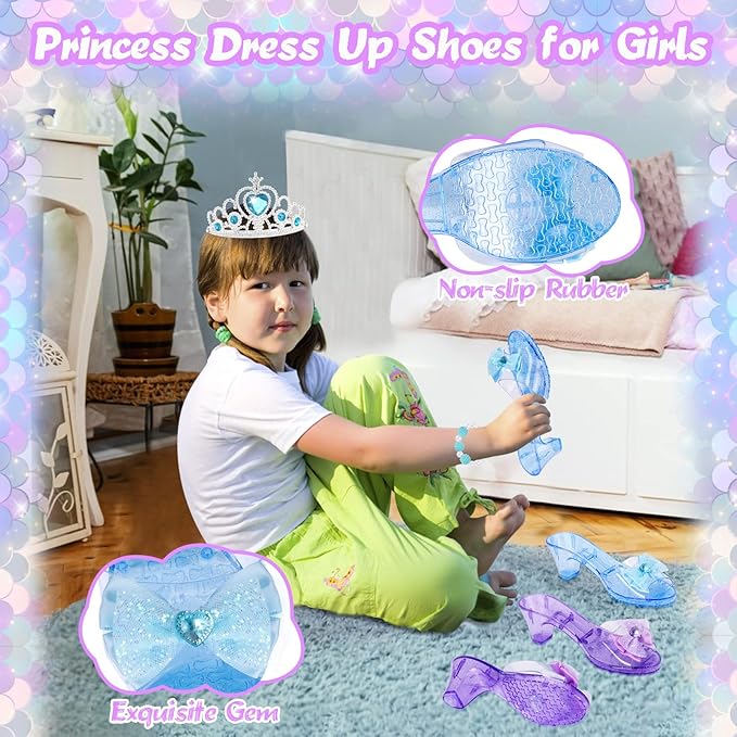 Princess Dress Up Shoes, Jewelry Princess Toys Pretend Role Play with 2 Pairs of Shoes, Skirt, Purse, Princess Dress Up Clothes for Little Girls Princess Gifts Toys for Girls Age 3 4 5 6 Year Old