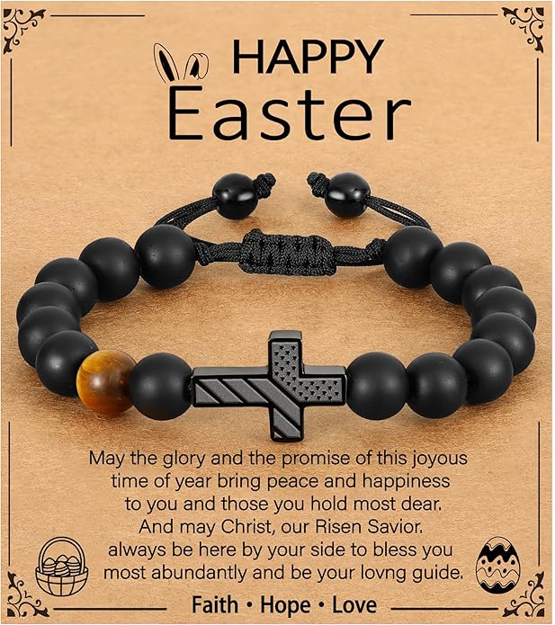 P. BLAKE First Communion Confirmation Baptism Gifts for Boys Teens, American Flag Cross Natural Beads Bracelet Christian Religious Jewelry Gifts for Teen Boys Kids