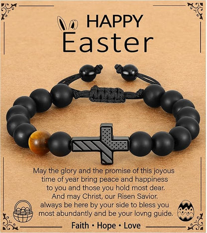 P. BLAKE First Communion Confirmation Baptism Gifts for Boys Teens, American Flag Cross Natural Beads Bracelet Christian Religious Jewelry Gifts for Teen Boys Kids