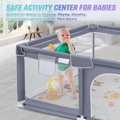 Suposeu Baby Playpen with Mat, Portable Baby Play Yard for Toddler, Safety Baby Gate playpen with Soft Breathable Mesh, Indoor and Outdoor, Large Kids Activity Centery (Grey)
