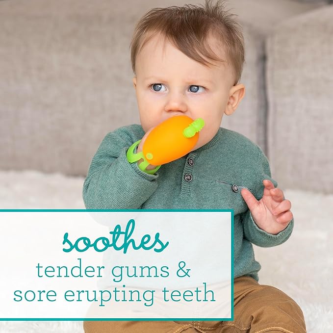 Infantino Handy Dandy Teething Mitt – Soft Silicone Teether for Babies, Develops Grasping Skills, Easy to Clean, Orange Carrot