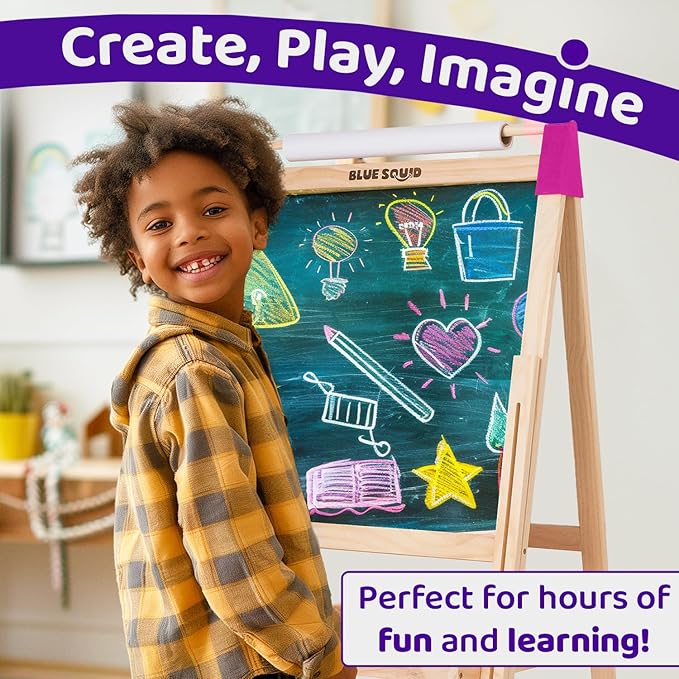 Blue Squid Art Easel for Kids - Dual-Sided Adjustable Wooden Painting Easels, Ideal Christmas Gift for Toddlers and Kid - with Magnetic Chalk Board, White Board & Paper Roll, Includes 100+ Accessories
