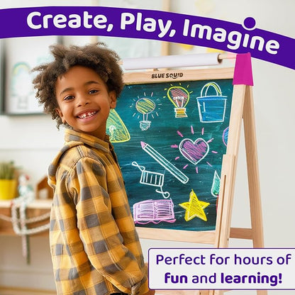 Blue Squid Art Easel for Kids - Dual-Sided Adjustable Wooden Painting Easels, Ideal Christmas Gift for Toddlers and Kid - with Magnetic Chalk Board, White Board & Paper Roll, Includes 100+ Accessories