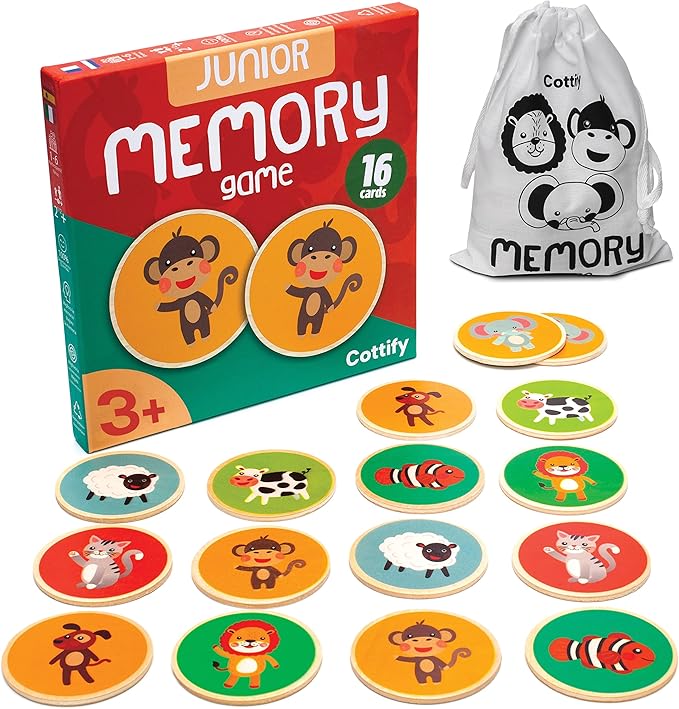 Montessori-Inspired Wooden Matching Game for Toddlers 2-4 Years - Durable, Scratch-Resistant 16 Card Set, Includes Carry Bag - Memory Game for Toddlers 2-4 Years - Cognitive Verbal Skills Development
