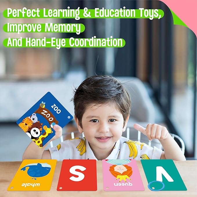 Alphabet Flash Cards, 52 Double Sided Cards Uppercase & Lowercase Letter Cards, Letters and Sight Words Learning Cards for Preschool and Toddlers Learning (2 Reclosable Rings Attached)