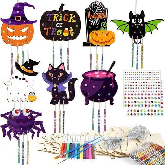 gisgfim 16 Pack Halloween Wind Chime Kits Crafts for Kids Make Your Own Ghost Wind Chime Wooden DIY Arts and Crafts for Halloween Party School Classroom Decoration Supplies Birthday Favors