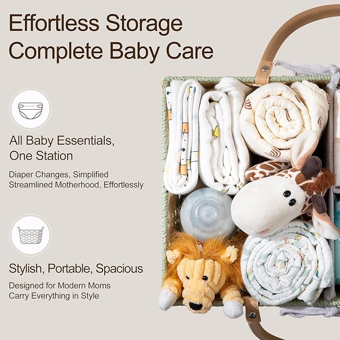 HBlife Large Baby Diaper Caddy Organizer, Paper Rope Storage Baskets Nursery Bin with Removable Divider, Portable Car Organizer for Diapers, Baby Shower Gifts, Newborn Essentials Must Haves