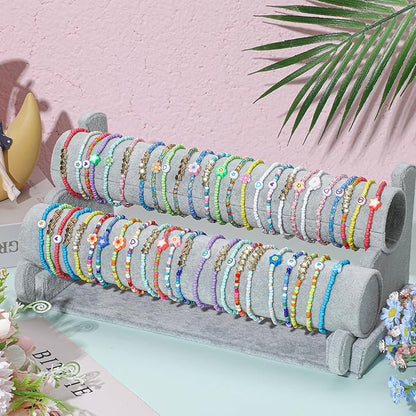 48 Pcs Colorful Kids Friendship Bracelet Set Adjustable Beads Bracelets Cute Friendship Princess Pretend Play Bracelet Stretch Beaded Bracelet Preppy Bracelets Set for Girls Women (Cute)