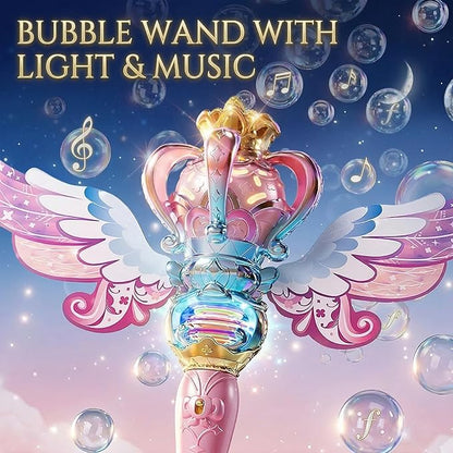 Uregoio Princess Bubble Wand for Girls - Rechargeable Spinning Light Up Magic Fairy Scepter Bubble Machine Toy with 12 Bubble Refills & Music, Easter Birthday Gift for Kids Toddlers Age 3-8 (Pink)