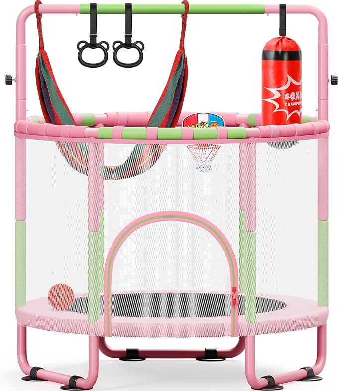 Yohood 55" Trampoline for Kids with Enclosure, 6-in-1 Toddler Trampoline Indoor Outdoor, Upgrade Full Anti-Rust Tube with Adjustable Gymnastics Bars for Boys Girls