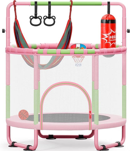 Yohood 55" Trampoline for Kids with Enclosure, 6-in-1 Toddler Trampoline Indoor Outdoor, Upgrade Full Anti-Rust Tube with Adjustable Gymnastics Bars for Boys Girls