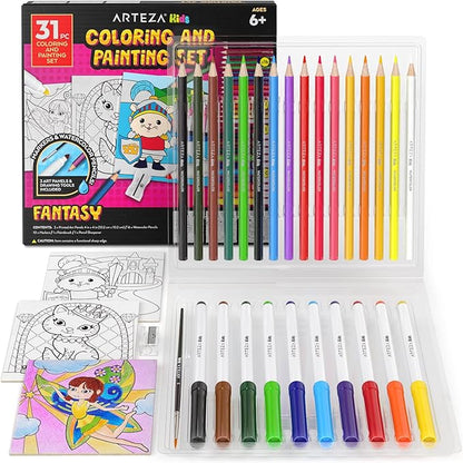 Arteza Kids Fantasy Coloring Kit, 3 Canvases 4 x 4 Inches, 10 Markers, 16 Watercolor Pencils, 1 Paint Brush, 1 Sharpener, Art Set for Kids Activities