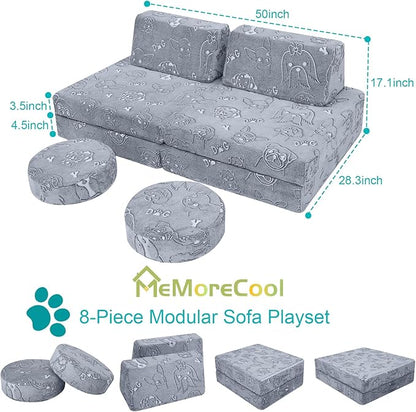 MeMoreCool Glow-in-The-Dark Dog Pattern Kids Play Couch, 8-Piece Modular Fold-Out Toddler Sofa for Playroom Fun