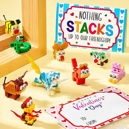 Valentines Day Gifts for Kids - 24 Pack Animal Building Block Set with Valentines Day Cards for Kids Classroom School, Kid Party Favors Goodie Bags Bulk Classmate Exchange Gift Classroom Prize
