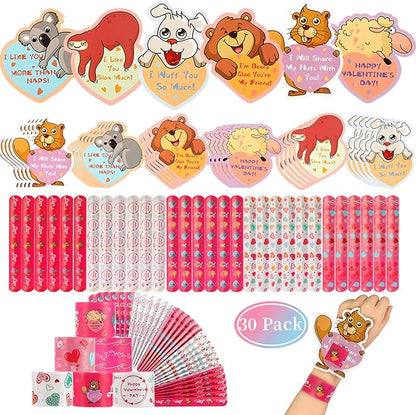 Mibor Valentines Day Cards for Kids - 30 Slap Bracelets + 30 Valentines Cards for Kids Class, 6 Cute Animals Patterns Cards, Kids Valentines Day Cards for School Classroom Valentines Day Decorations