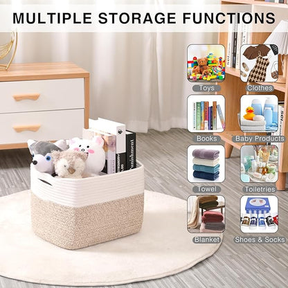 ICERZCZ Storage Baskets for Organizing, Woven Cotton Rope Basket for Storage Books, Baby Organizing Baskets, Toy Storage Basket, 15"x11"x9.5", 3 Packs, Off White & Brown