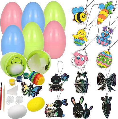 JOYIN 54 Pcs Easter Crafts Assortment Kit with Prefilled Easter Eggs Painting Kit Include Wooden Eggs, Suncatchers and Scratch Cards for Party Favor, Basket Stuffers Fillers