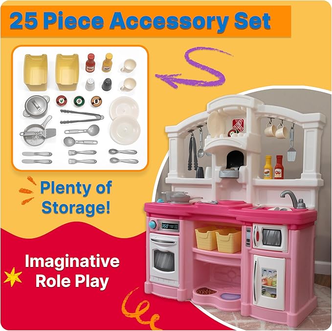 Step2 Fun with Friends Kids Kitchen Playset, Indoor/Outdoor Kitchenette, Interactive Play with Lights and Sounds, Durable Plastic, Includes 25 Piece Toy Accessories, Toddlers 2+ Years Old, Tan