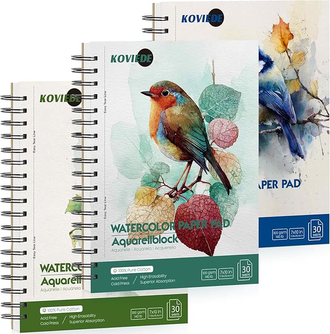 KOVIEDE 100% Cotton Watercolor Paper Pad 3 Pack (90 Sheets) Cold Press 140lb/300gsm Spiral Bound Watercolor Sketchbook, Artist Quality Art Journal Supplies (Bird-3 Pack, 7"x10")