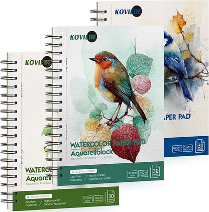 KOVIEDE 100% Cotton Watercolor Paper Pad 3 Pack (90 Sheets) Cold Press 140lb/300gsm Spiral Bound Watercolor Sketchbook, Artist Quality Art Journal Supplies (Bird-3 Pack, 7"x10")