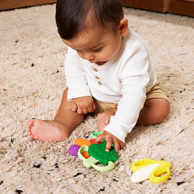 Infantino Farmers Market Teether Gift Set - Set of 3 BPA-Free Fruit & Veggie Textured Silicone Teethers for Soothing Sore Gums, Multicolor